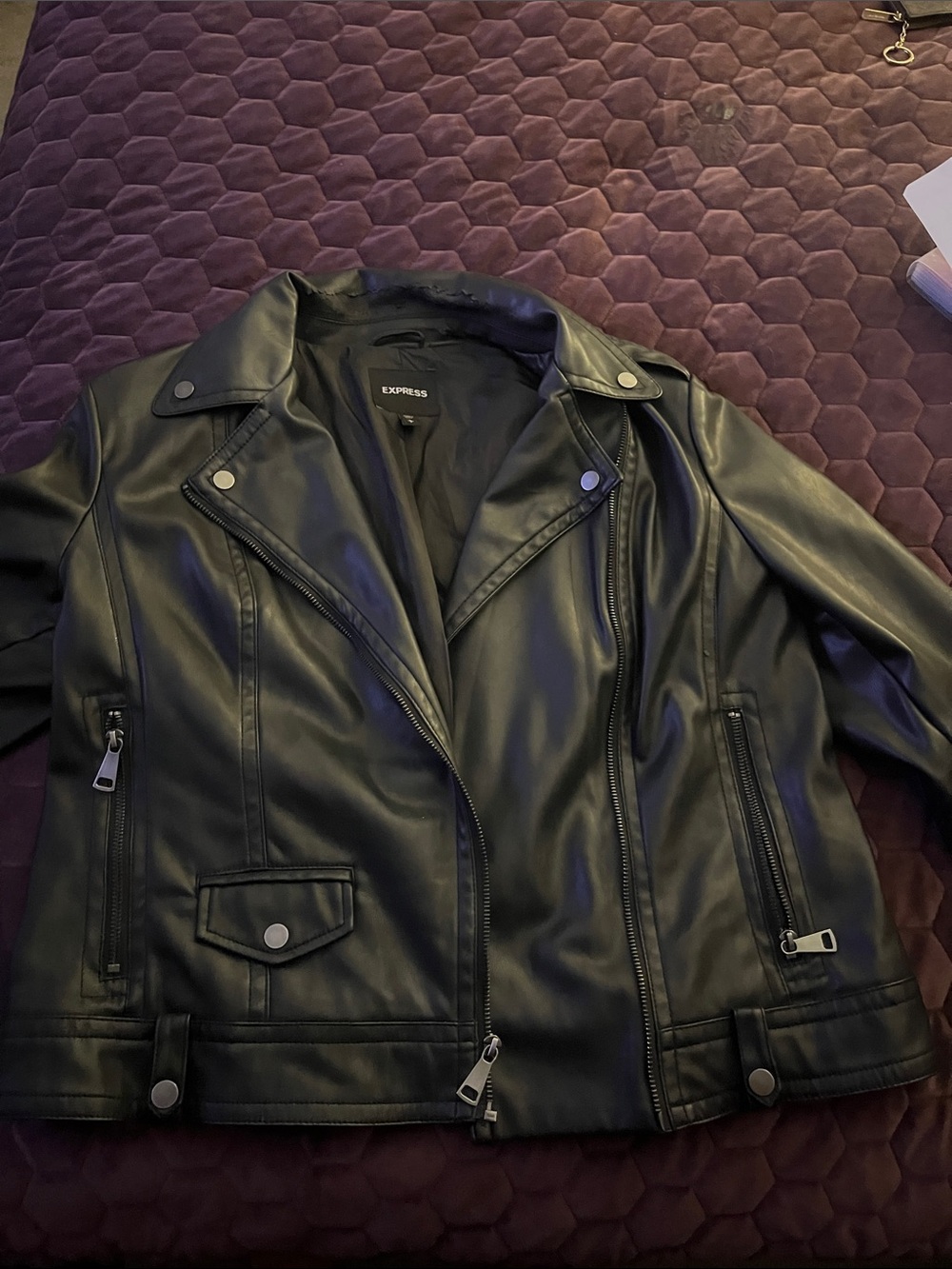 Express Black Faux Leather Moto Jacket with Silver Hardware Accents